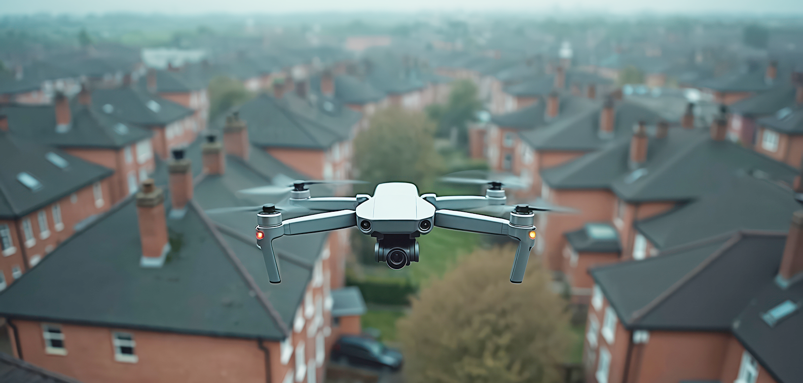 Drohne beim 3D-Laserscanning eines Gebäudes