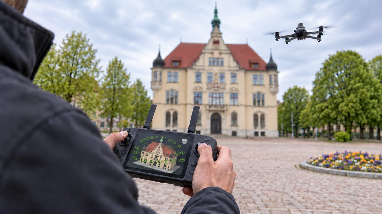 Drohnenpilot von GeodatIQ steuert eine DJI Mavic 3 Enterprise bei der Befliegung eines historischen Rathauses in Baden-W&uuml;rttemberg
