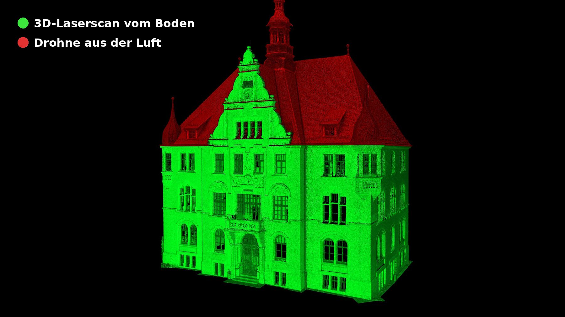 Kombinierte Punktwolke eines historischen Rathauses in Baden-W&uuml;rttemberg, gr&uuml;n der 3D-Laserscan vom Boden, rot die Drohnenbefliegung