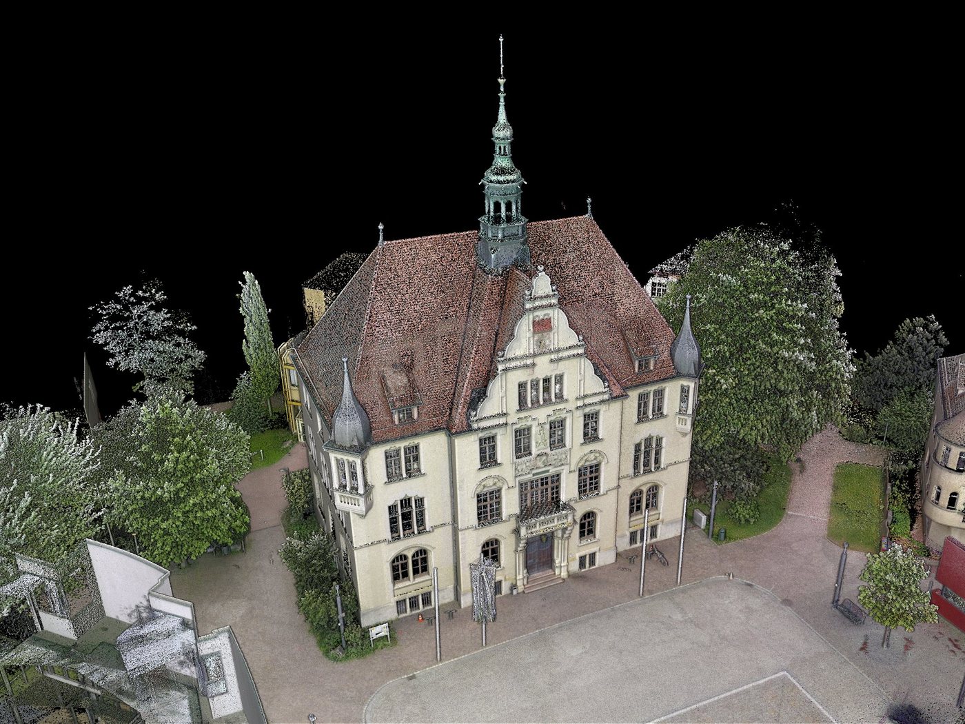 3D-Punktwolke eines historischen Rathauses in Baden-Württemberg in Schrägansicht aus der Drohnenbefliegung